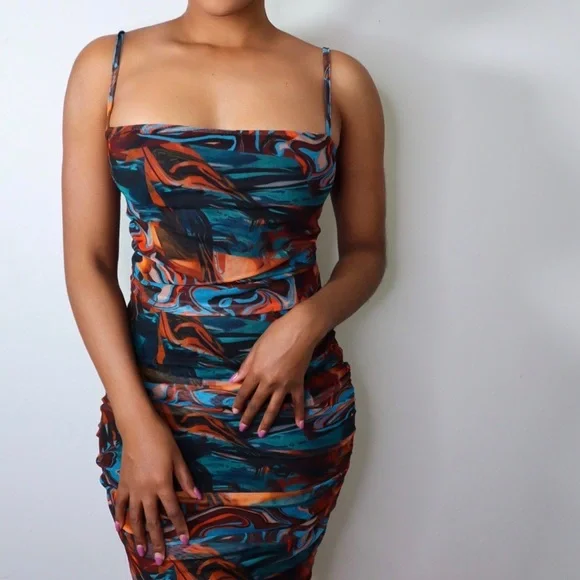 knee length dresses for ladies Orange Mesh Marble Print Ruched Bodycon Dress – Missagi main image 1